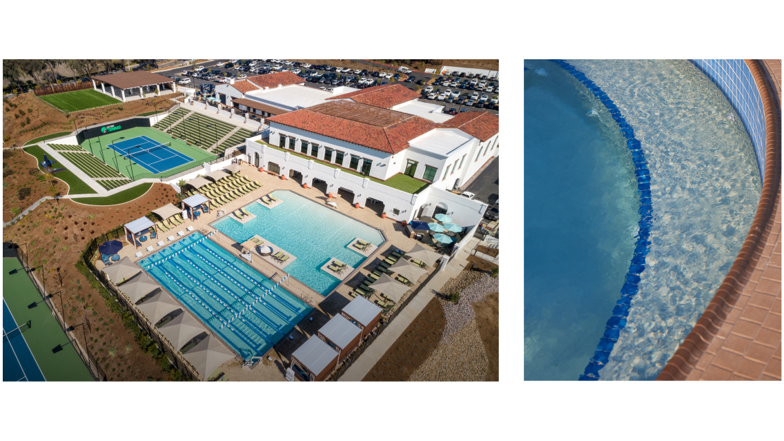 A side by side image of a Life Time Beach Club and a close up of a pool at Life Time.
