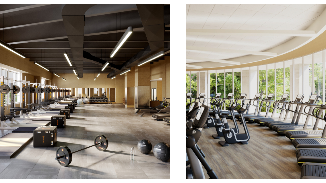 A side by side image of the strength and cardio areas of a Life Time workout floor.