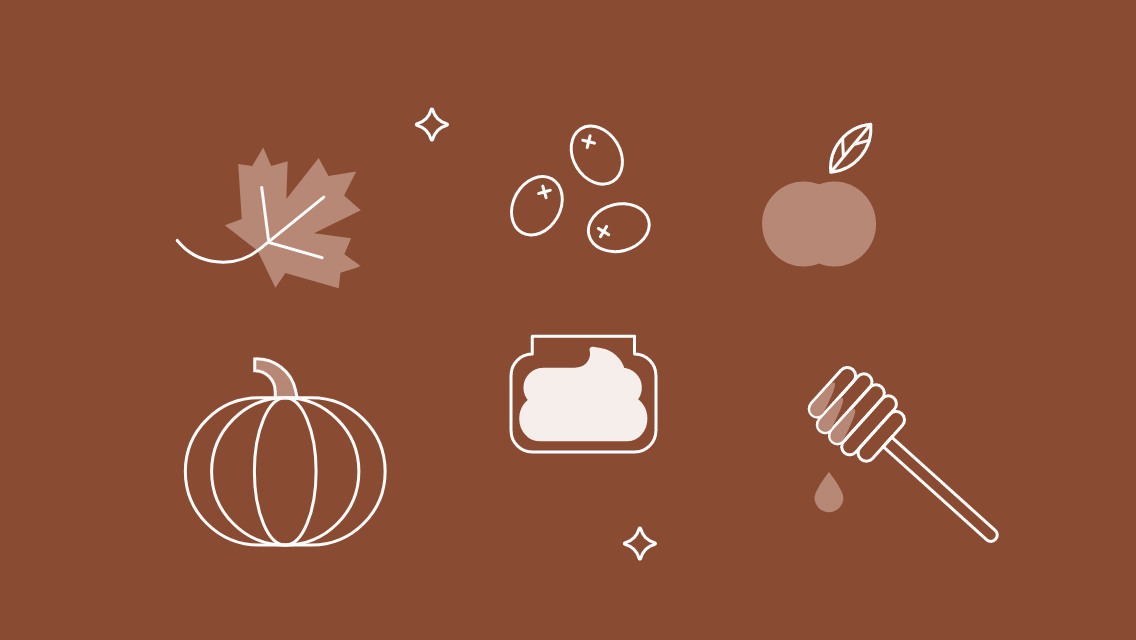 Illustrations of a leaf, pumpkin, honey, apple, and moisturizer.