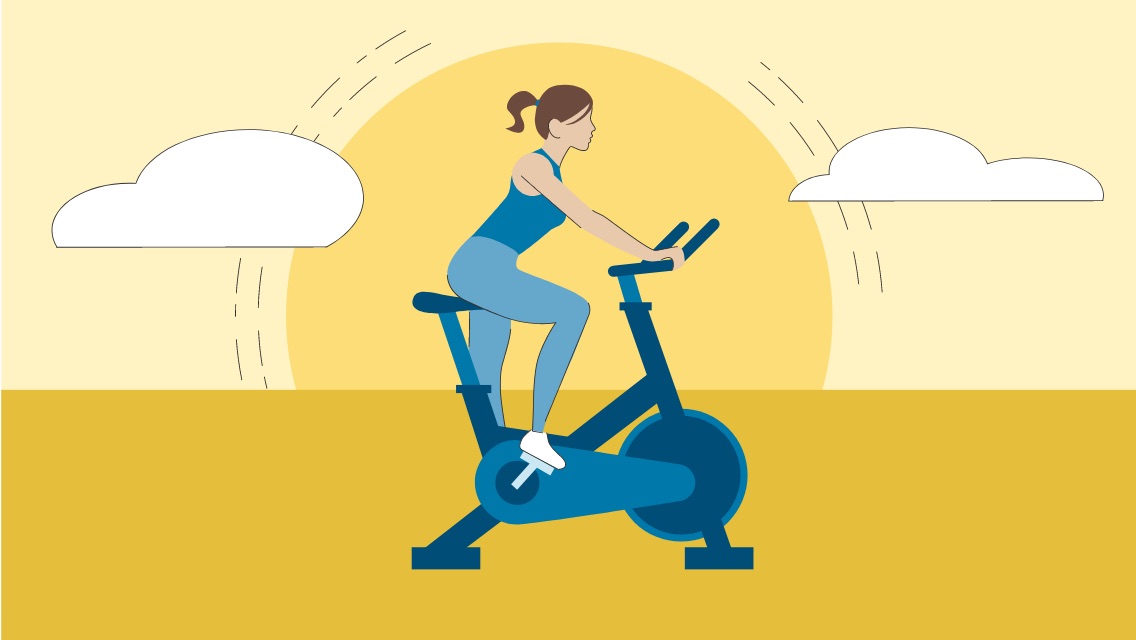 illustration woman on stationary bike with sun and clouds in background