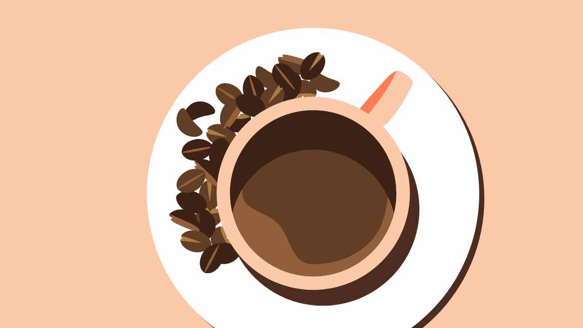 An illustration of a cup of coffee on a saucer with coffee beans.