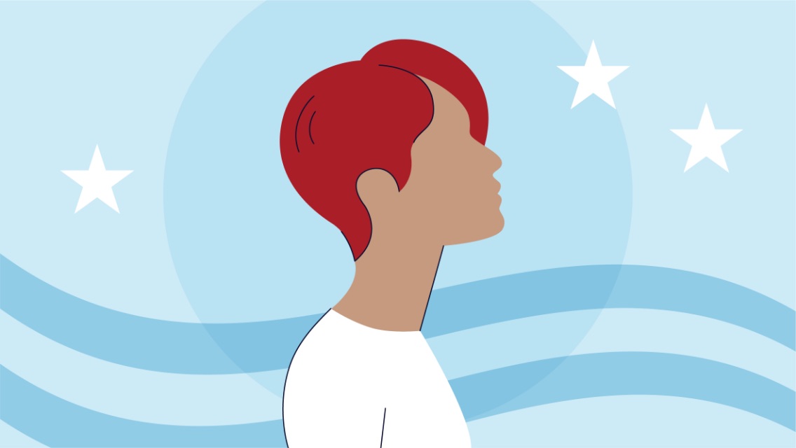 An illustration of a person looking to the distance with stars and stripes behind them.