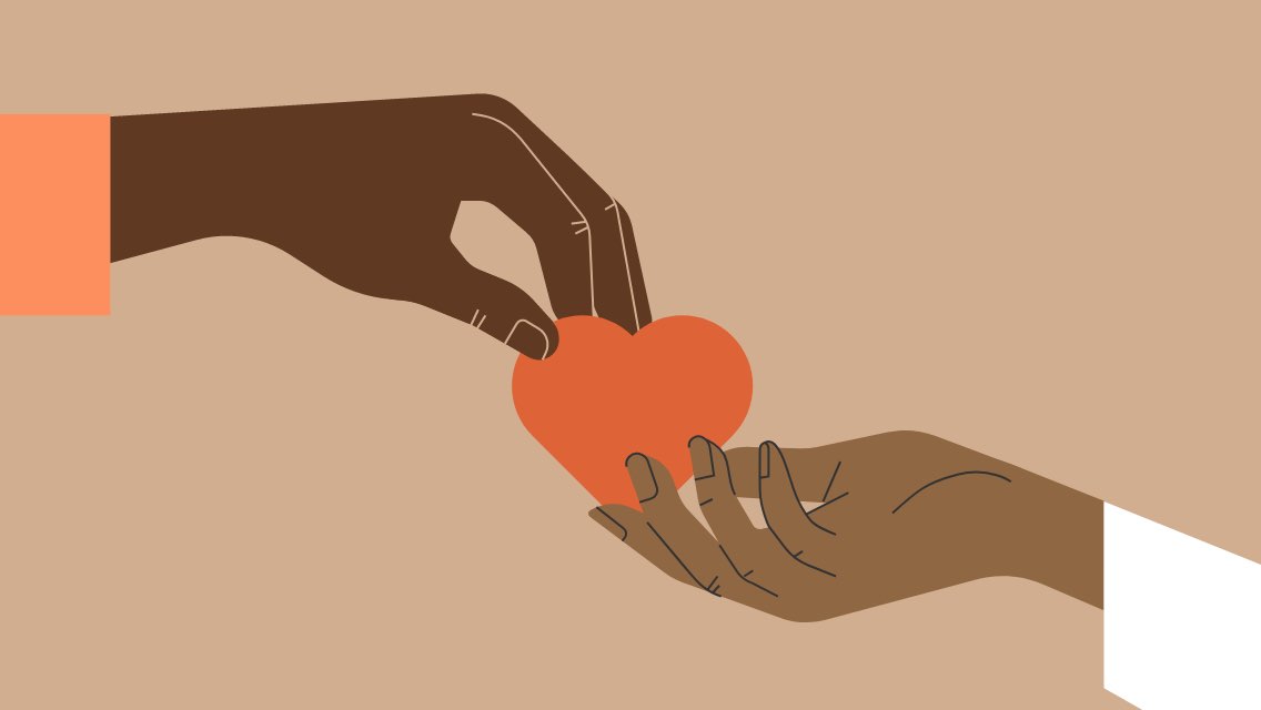 An illustration of two different people's hands holding a heart together.