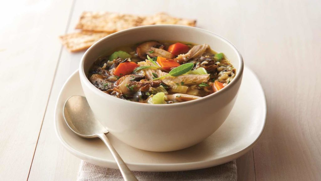 A bowl of turkey wild rice soup.