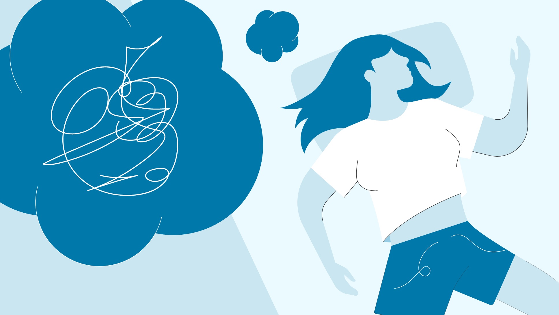 An illustration of a woman lying on a bed with a cloud of jumbled thoughts coming out of her head.