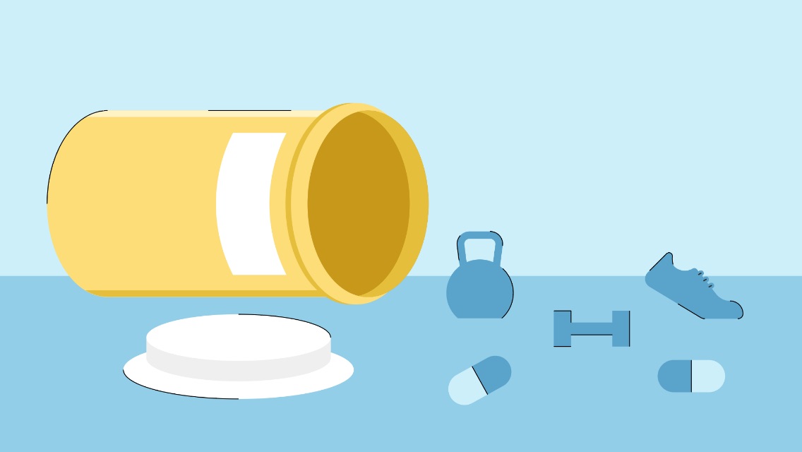an illustration of a pill bottle bottle with fitness items spilled out