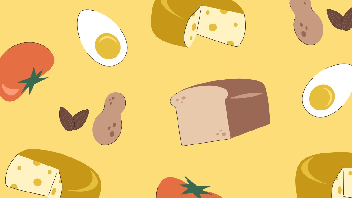 an illustration of foods that cause health issues (bread, eggs, tomatoes, cheese, peanut)