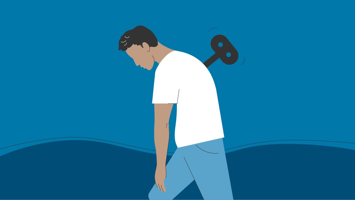 illustration of a person walking slumped over with a wine up lever in back
