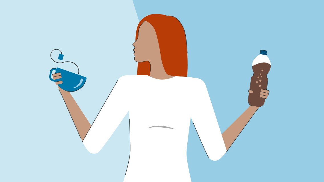 an illustration of a woman holding a cup of tea in one hand and a bottle of soda in the opposite