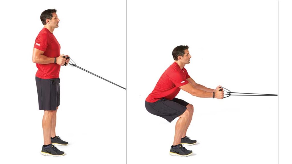 squat to row with resistance band