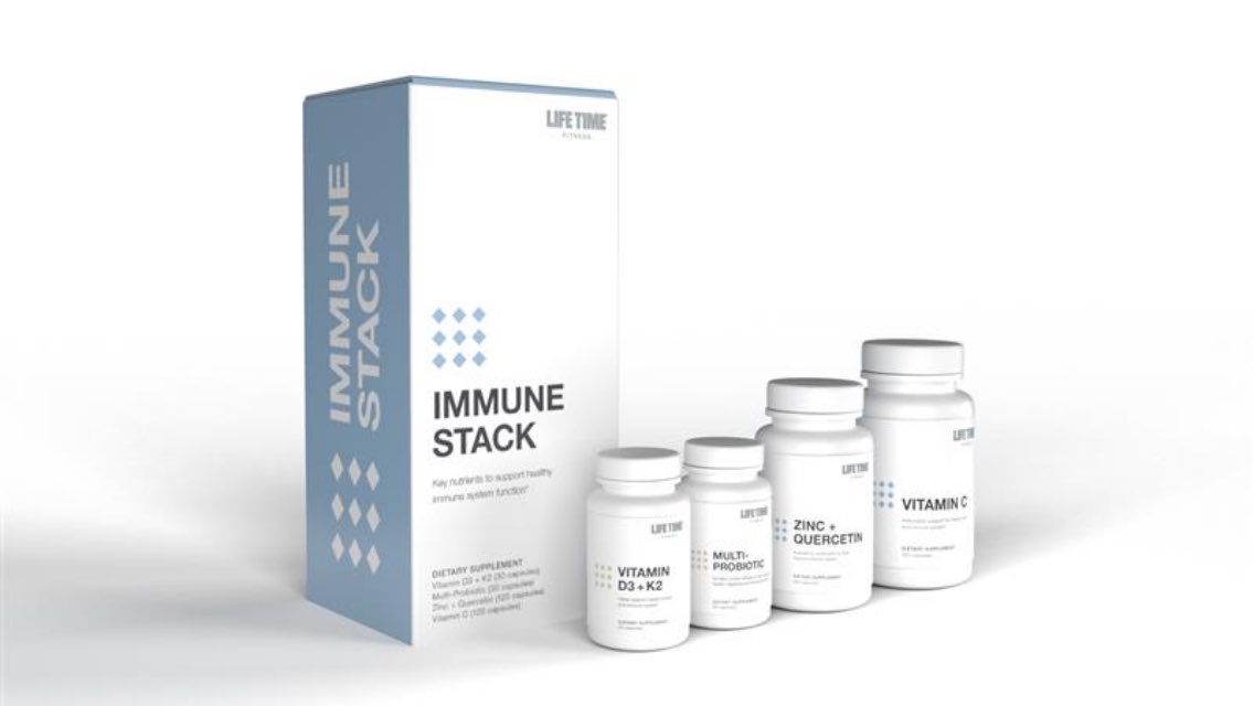 Immune Stack supplement box with included supplement bottles next to it.