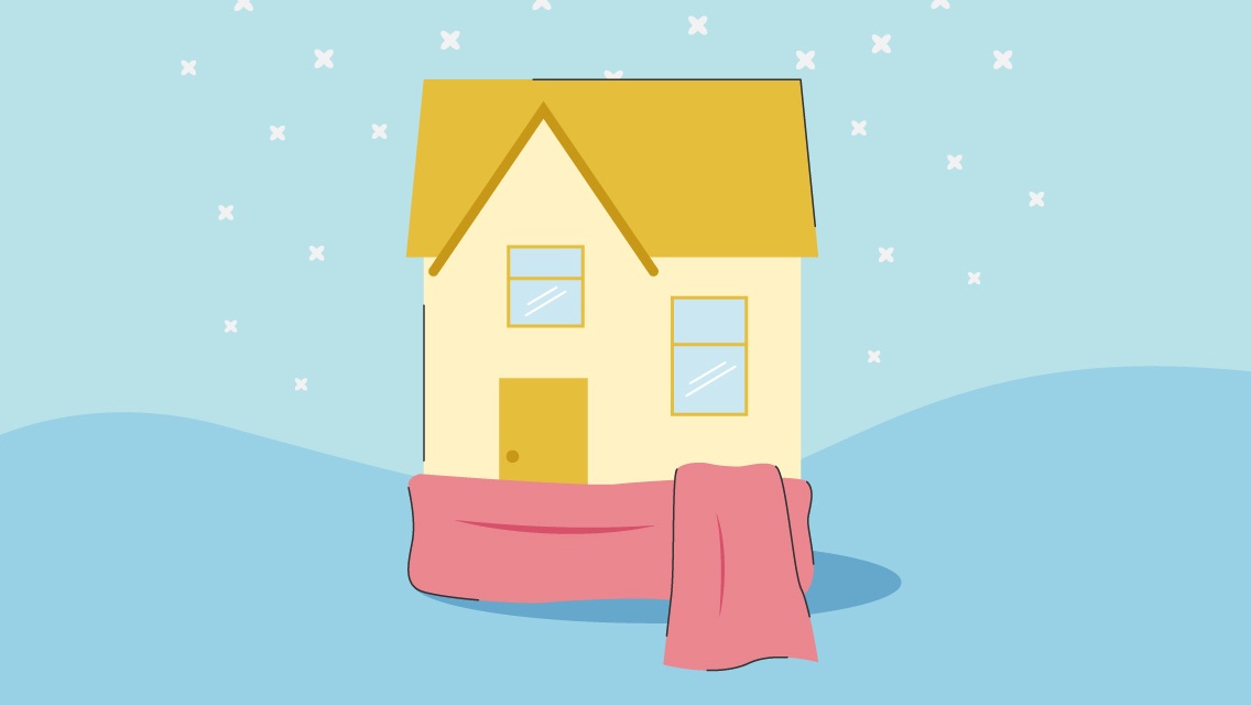 An illustration of the front of a home with a scarf wrapped around its base and a snowy ground and sky.