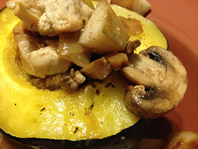 Recipe Trial: Acorn Squash Stuffed With Chicken, Mushrooms, Onions, and Pears
