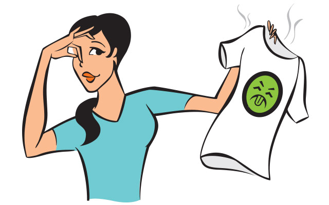 An illustrated woman holding a stinky t-shirt and holding her nose are shown.