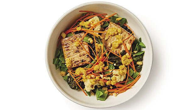 Bowl of black rice tofu and cashews