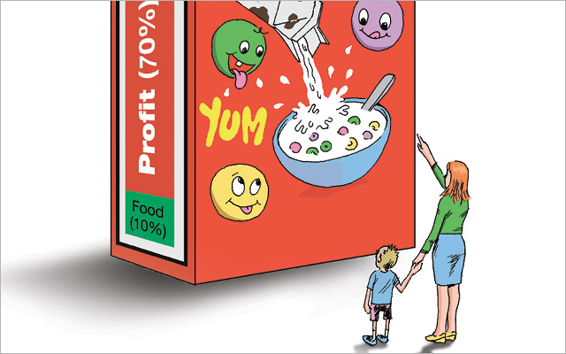 illustration mom and child looking at colorful box of cereal
