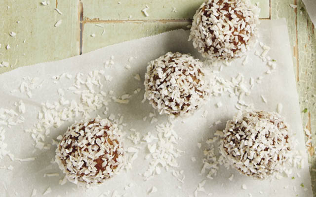 Four coconut-lime energy balls are shown.