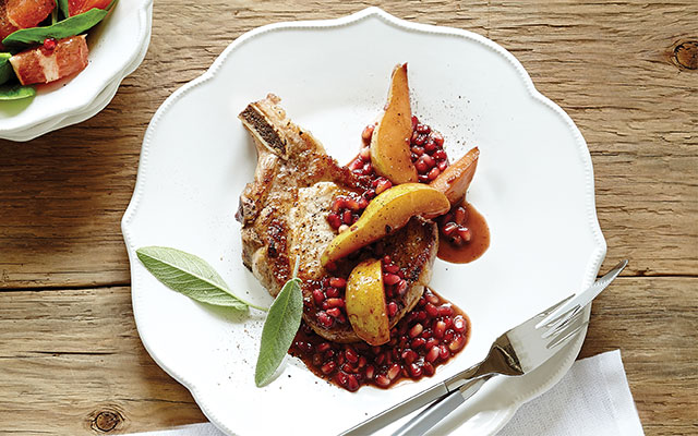 pork chops with pears and pomegranate seeds