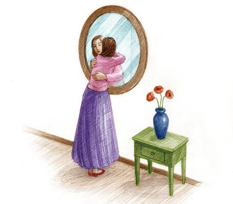 a woman hugs her reflection from a mirror