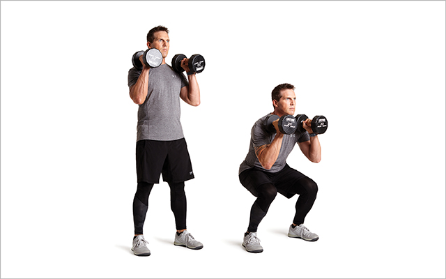 man doing a front squat with dumbbells