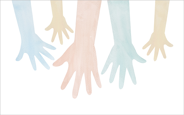 Illustration of five hands reaching down