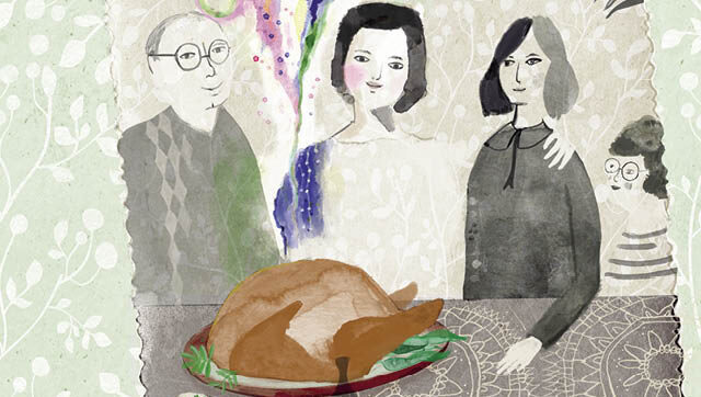 Illustration of family at thanksgiving dinner
