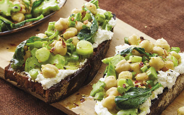 poached broccoli stems and chickpeas
