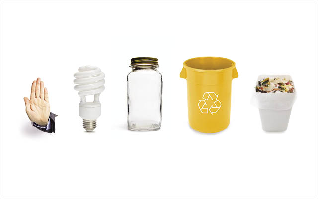 Image of hand, light bulb, glass jar, recycle bin, compost bin