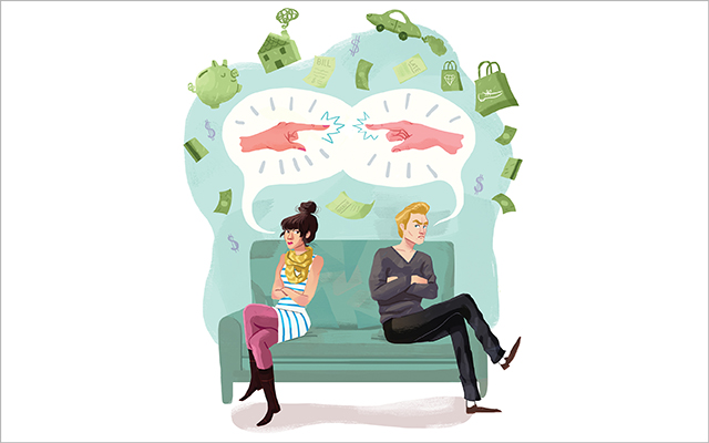 illustration of man and woman sitting on a couch with backs to each other and thought bubbles with fingers pointing at each other