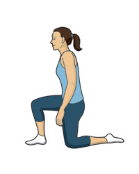 A woman performs a hip flexor stretch