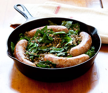 sausages, greens and lentils
