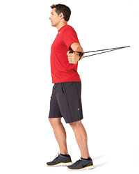 A man performs a resistance band fly, second picture.