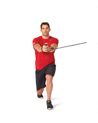 A man performs a resistance-band reverse lunge, another picture.