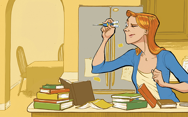 Illustration of woman throwing a dart behind a kitchen counter with cookbooks