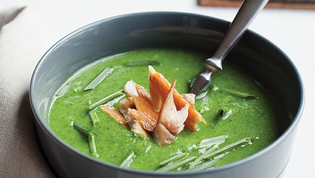 Broccoli Soup With Smoked Trout and Chives