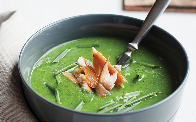 Broccoli Soup With Smoked Trout and Chives
