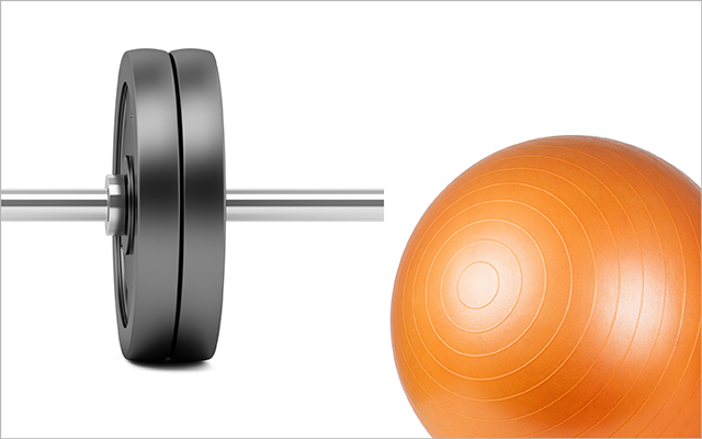 Picture of an orange ball and weight-lifting tools