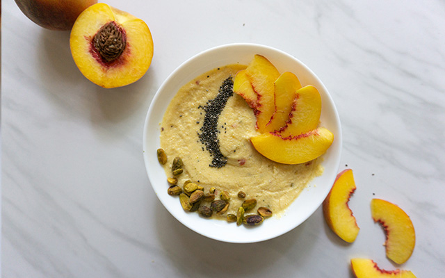 A peaches-and-cream smoothie bowl is pictured.