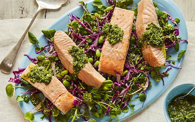 Poached Salmon With Asian Pesto and Watercress Salad