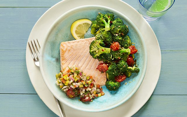 Poached Salmon With Tricolor-Pepper Salsa and Basil Broccoli
