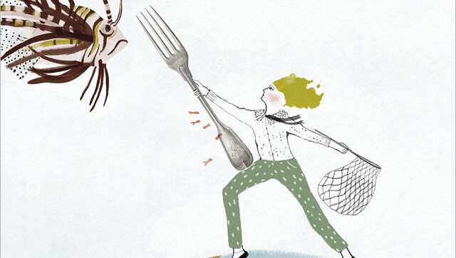 Illustration of person capturing lionfish