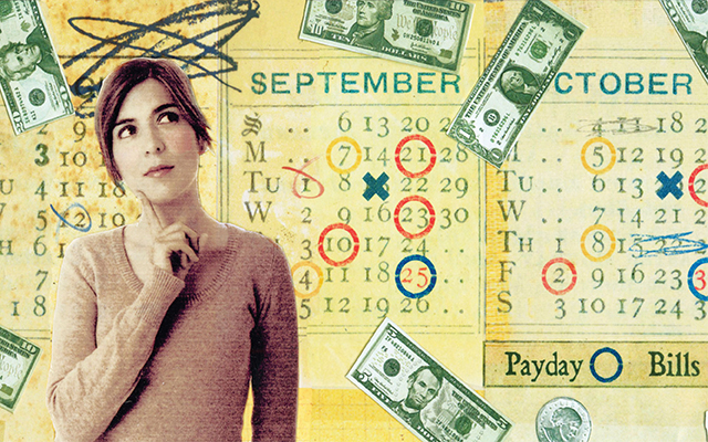 A woman thinks next to a calendar and flying money.