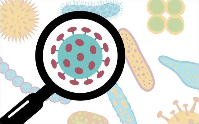 Illustration of magnifying glass and microbiome