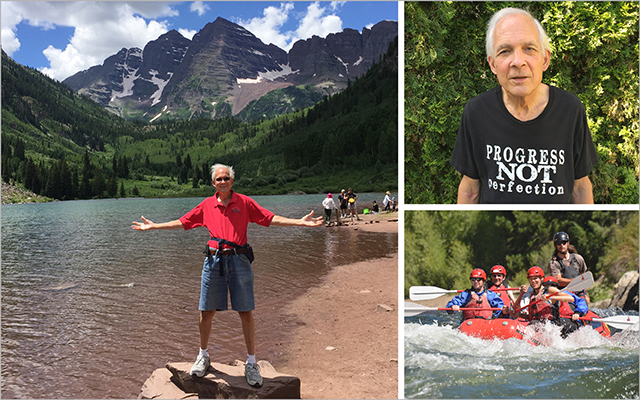 three images of Tom Tittman standing in front of mountains and white water rafting