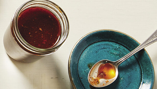 a jar of tomato-rosemary vinaigrette