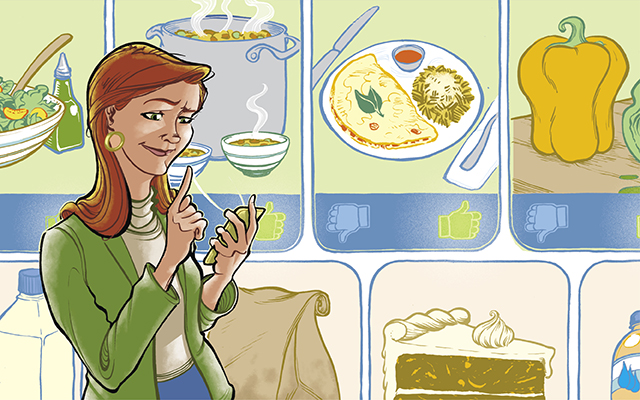 illustration of woman in front of food options