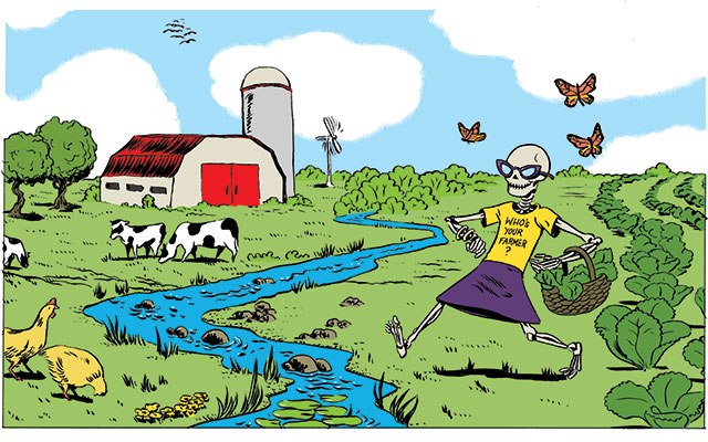 An illustrated skeleton walks across a farm.