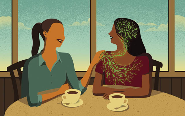 Illustration of two woman having coffee. One touching the others shoulder.