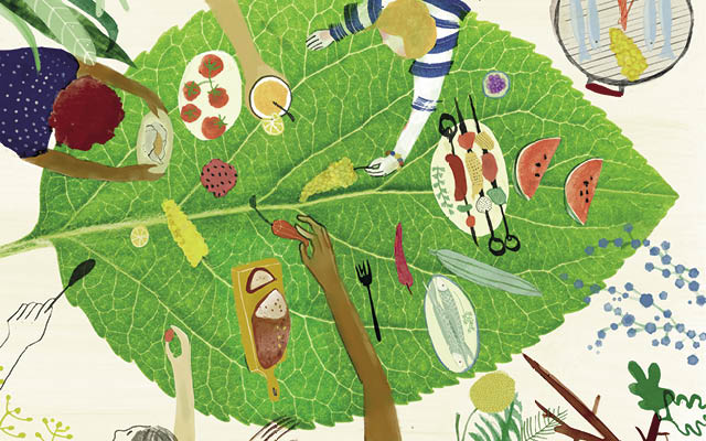Illustration family having picnic and leaf