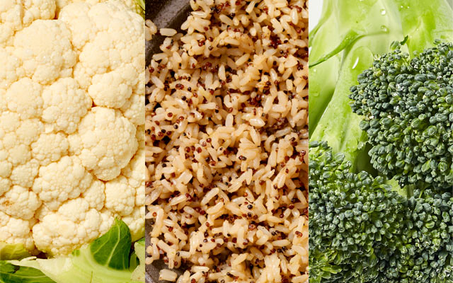 Cauliflower, rice, and broccoli are pictured.